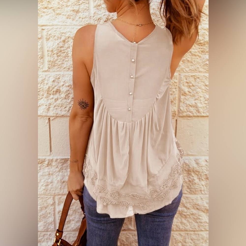 Ultra Pink Sleeveless Crochet Yoke Tank Top in Beige - Picture 2 of 7